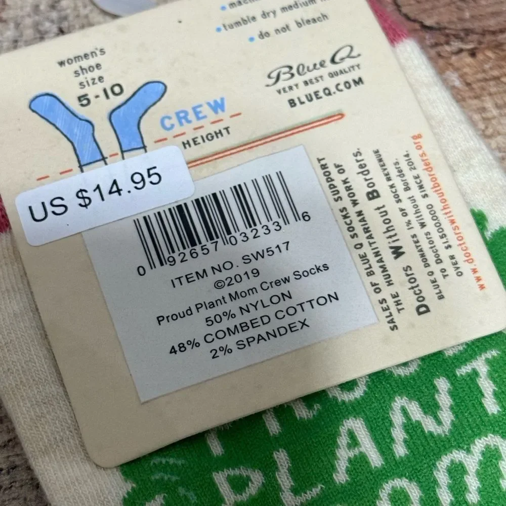 BlueQ Proud Plant Mom Sarah Walsh Crew Sock Soft Combed Cotton nwt